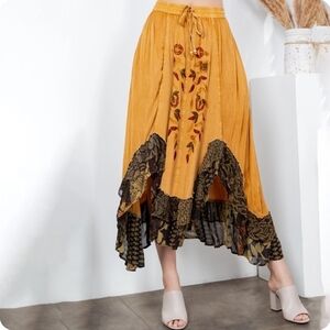 NEW!!! Young Threads Boho Mustard Embroidered Panel Maxi Skirt, Sz XL, NWT